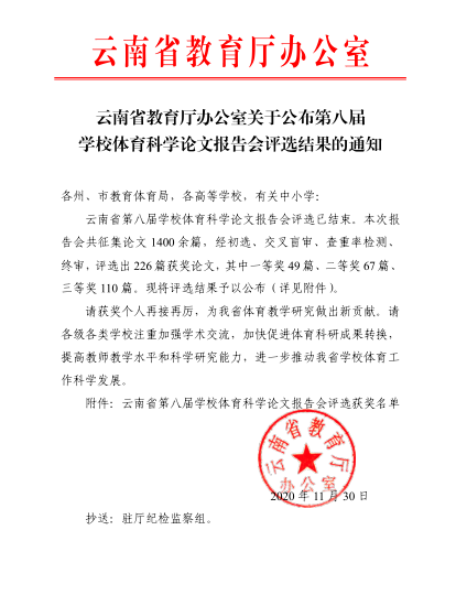 云南师范大学文理学院获第八届学校体育科学论文二等奖及三等奖